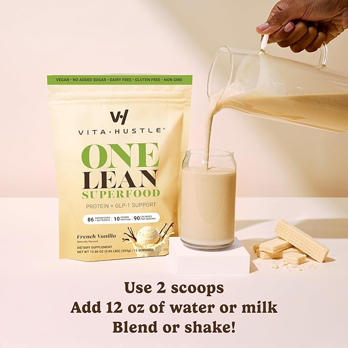 VitaHustle ONE Superfood Lean Protein Powder, All-in-One Nutrition Shake, 10g Plant Protein, Multivitamins, Ashwagandha, Low Calorie, Postbiotics, 15 Servings