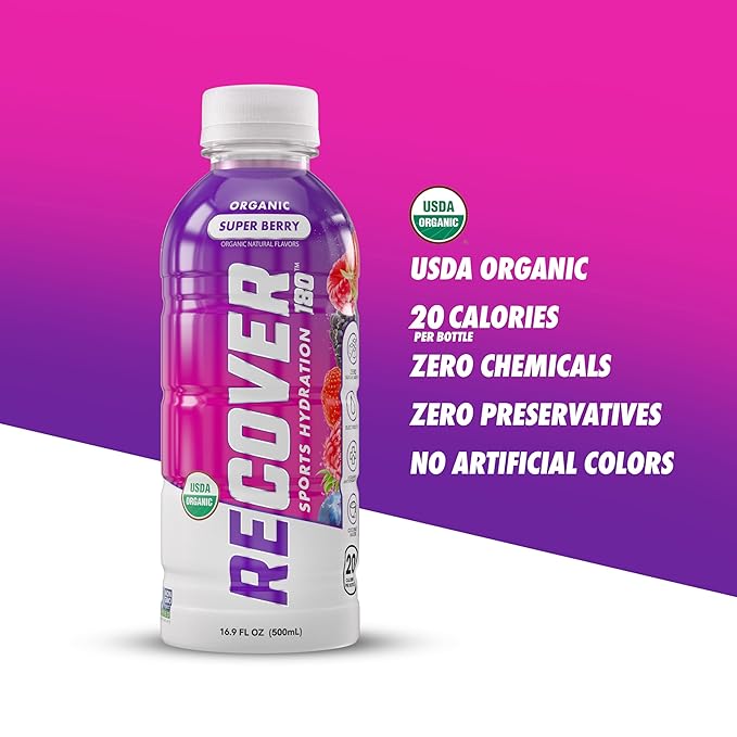 RECOVER 180 Organic Sports Hydration Drink, No Sugar Added, 20 Calorie Sports Beverage, Organic Flavors With Vitamins, Potassium-Packed Electrolytes (16.9 Fl Oz (Pack of 12), Super Berry)