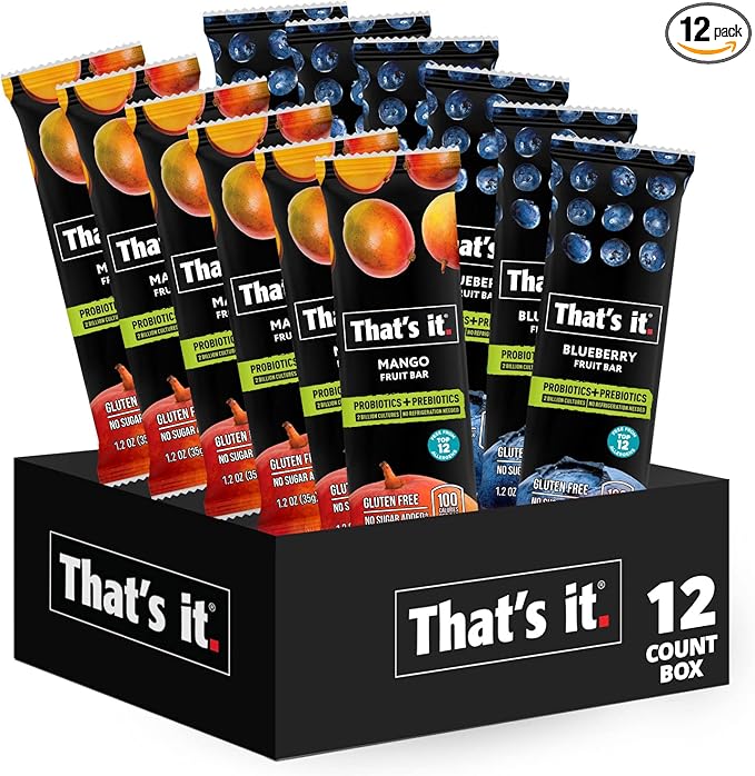 That's it. Probiotic Fruit Bar Variety Pack, Mango & Blueberry Flavors, Just Real Fruit + Probiotics, 100 Calories Per Bar, All Natural, 2-3 Ingredients, Shelf Stable, Allergy-Friendly (12 Count)