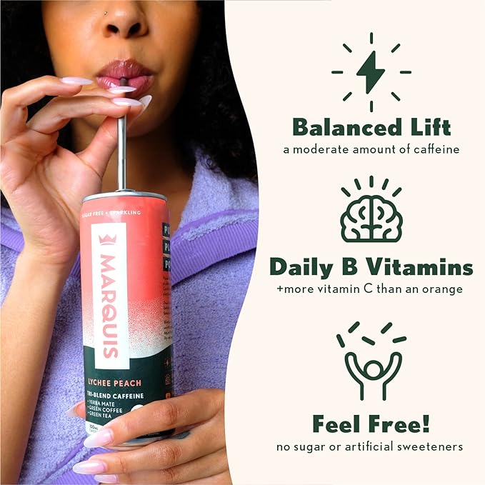 Marquis - Natural Energy Drink - Lychee Peach - Sugar Free - 0 Calories - 100mg of Organic Plant Based Caffeine - Yerba Mate - Green Tea - Vitamin C & B Vitamins - Vegan - 12 oz Cans - 12 Pack