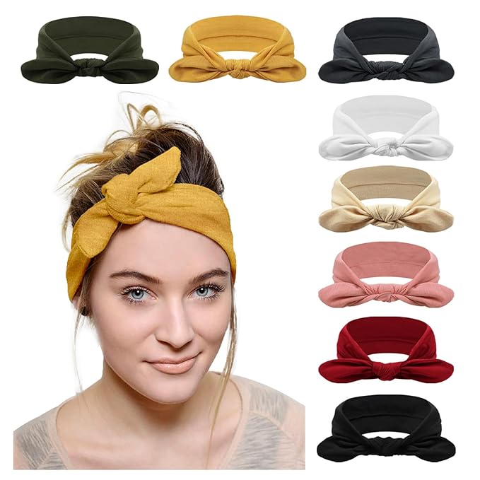 DRESHOW 8 Pack Headbands for Women Bow Knotted Hair Band Facial Cloth Rabbit Ears Running Sport Elastic Hair Wrap