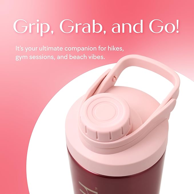 Paradise Shaker Bottle, 24 oz, Insulated Stainless Steel Protein Shaker, Smoothie and Pre Workout for Women, with Leakproof Twist-Off Chug Cap, Quiet Mixing, Pink Ombre, Pismo Sunset