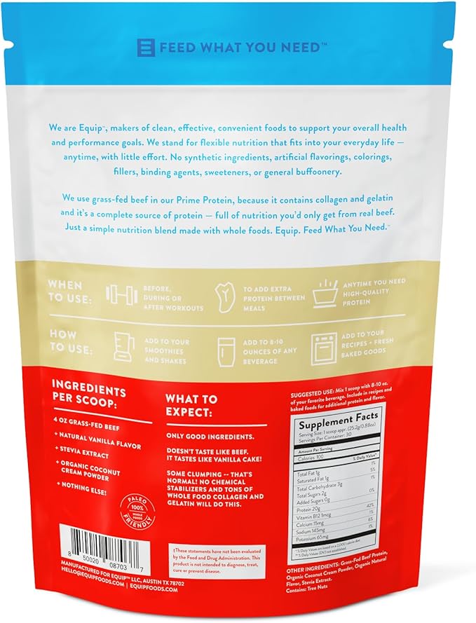 Equip Foods Prime Protein Powder | Clean, Grass Fed Beef Protein Isolate | Carnivore Protein Powder | Paleo, Keto Friendly | Gluten, Dairy Free | Helps Build & Repair Tissue | 30 Servings, Vanilla