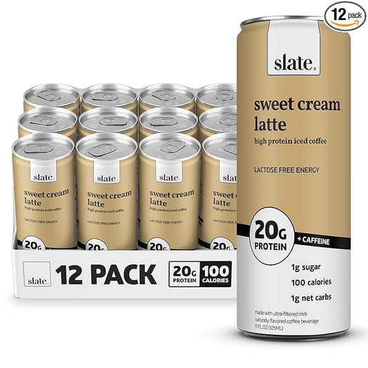 Slate Milk - High Protein Iced Coffee - Sweet Cream Latte - 175mg Caffeine, Lactose Free Energy - 20g Protein, 1g Sugar, 100 Calories, 1g Net Carbs, No Sugar Added - Protein Coffee - 11 fl oz, 12 Cans