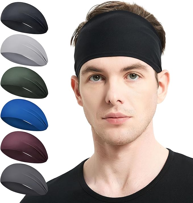 Running Headbands for Men(4 or 6 Pack, Mens Stretchy Headband for Football,Cycling,Basketball,Yoga,Fitness Workout Unisex Quick-Dry Sweatband