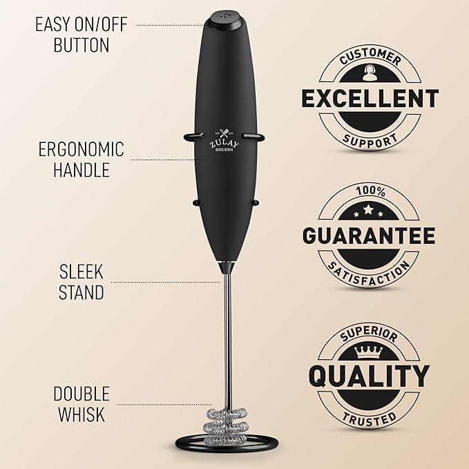 Zulay Kitchen Tornado Whisk Milk Frother with 4 AA Duracell Batteries - Triple Whisk for More Power - Handheld Coffee Frother with Stand - Drink Mixer for Lattes, Matcha & Protein Shakes