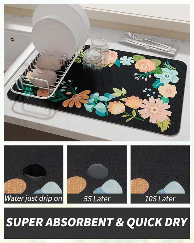 AMOAMI Coffee Mat Hide Stain Rubber Backed Absorbent Dish Drying Mat for Kitchen Counter - Bar Accessories Fit Under Coffee Maker, Espresso Machine, Dish Rack - Floral Black 12x19