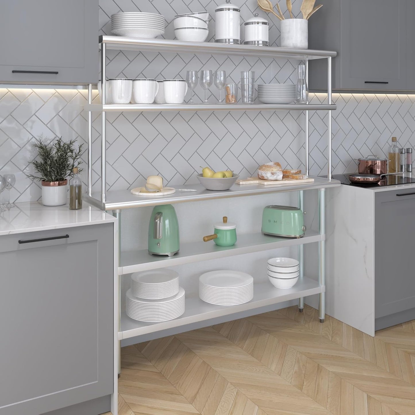 Amgood Stainless Steel Work Table with 2 Shelves | Metal Kitchen Prep Table & Shelving Combo (14" x 60" Table with 2 Shelves + 12" Overshelf)