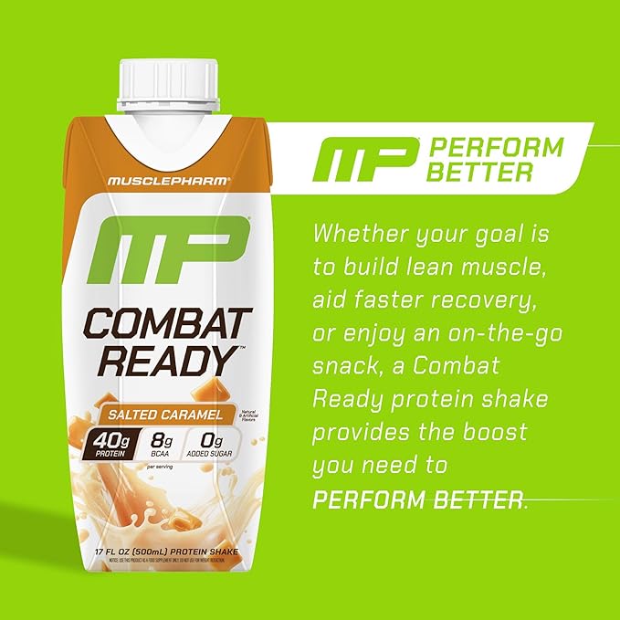 MusclePharm Combat Ready High Protein Shakes Ready to Drink, 40g Protein, 8g BCAAs, 8.7g Glutamine, 5g Fiber, No Added Sugar, Gluten Free, Salted Caramel, 17 Fl Oz (Pack of 12)