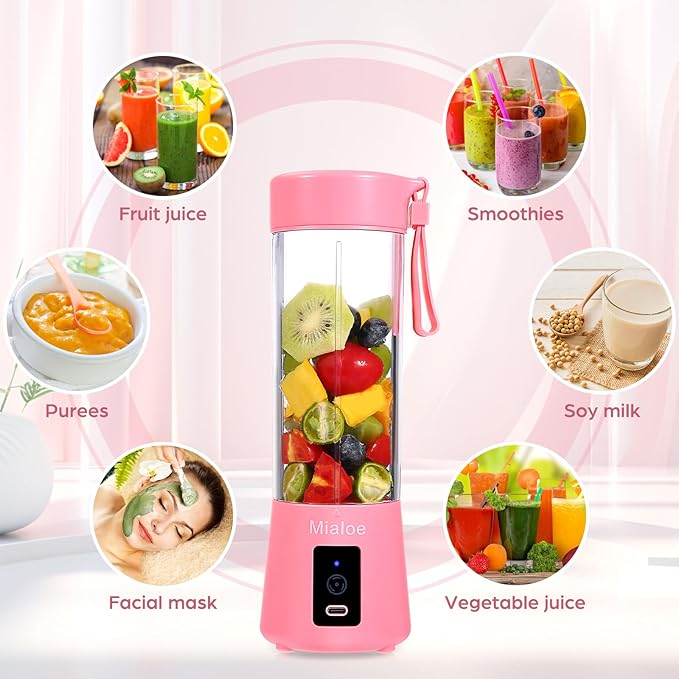 Portable Blender, Personal Size Eletric USB Juicer Cup, Fruit, Smoothie, Baby Food Mixing Machine Magnetic Secure Switch 14 oz (Pink)