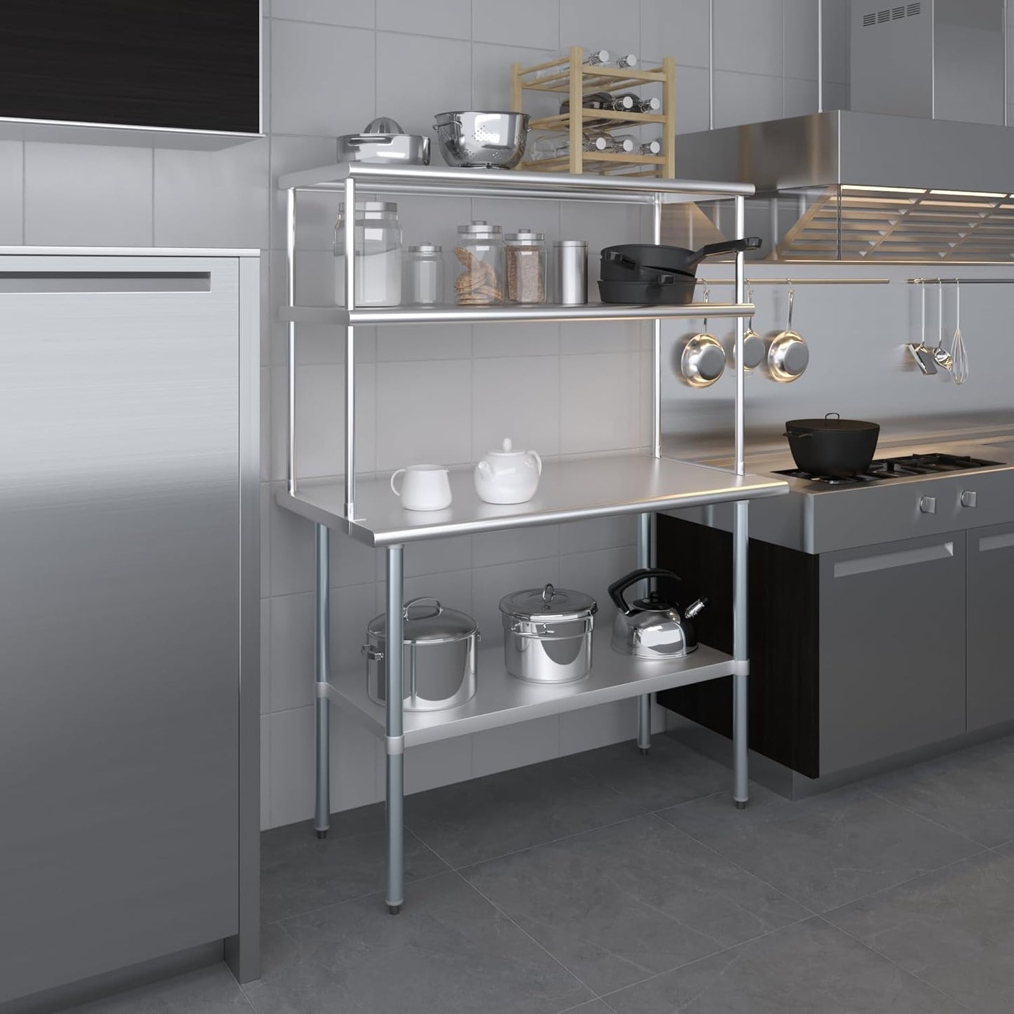 Amgood Stainless Steel Work Table Double Tier Overshelf | Metal Kitchen Prep Table & Shelving Combo | NSF (24" x 48" Work Table + 18" Overshelf)