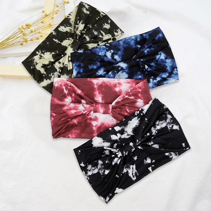 Huachi Tie Dye Headbands for Women Wide Head Wraps Boho Thick Hairbands Large African Sport Yoga Turban Headband Hair Accessories (Pack of 4)
