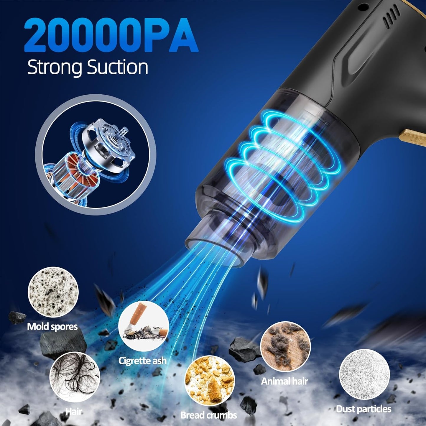 Handheld Car Vacuum Cleaner Cordless, High-Power Brushless 20000PA Mini Hand Held Cleaner with 8 Multi-Functional Nozzle & 2 Replaceable Filters, Portable Vacuum Cleaner for Car Office Pet Hair