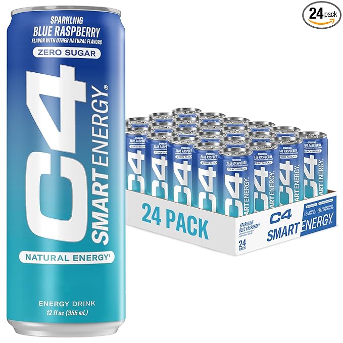 C4 Smart Energy Drink - Sugar Free Performance Fuel & Nootropic Brain Booster, Coffee Substitute or Alternative | Blue Raspberry 12 Oz - 24 Pack