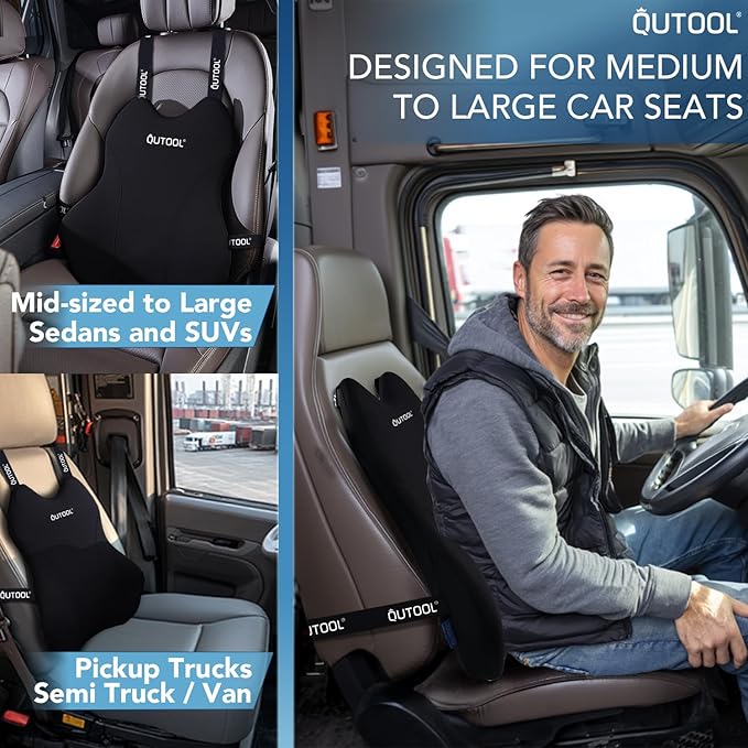 QUTOOL Lumbar Support Pillow for Car/Office Chair, Memory Foam Back Cushion for Car Seat, Back Pain Relief Adjustable Strap and Washable Cover, Lower Back Pillow Fits Most Cars, Trucks (Black)