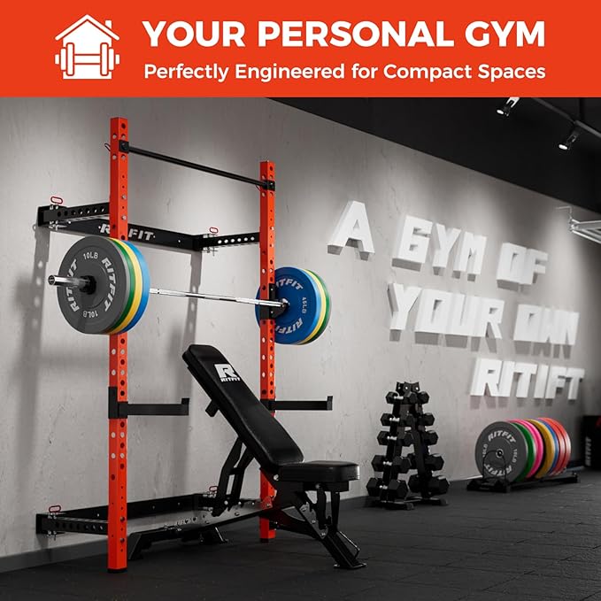 RitFit Multi-Functional Folding Squat Rack for Home Gym, 2.36'' x 2.36'' Wall Mounted Squat Rack with Attachments - Space Saving Squat Power Rack