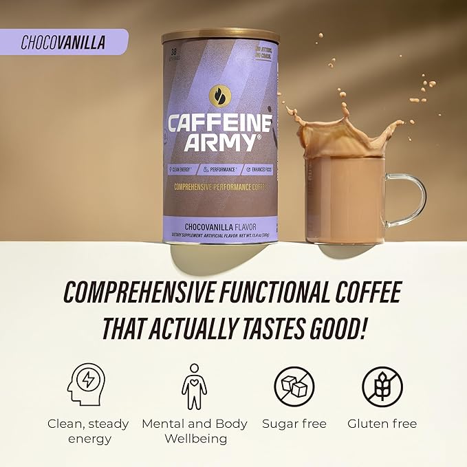 CAFFEINE ARMY ChocoVanilla | Comprehensive Functional Coffee with MCTs, CoQ10, Collagen and Adaptogens: Clean Energy + Supports Daily Attention, No Jitters or Crash (7.8 oz 22 Servings)