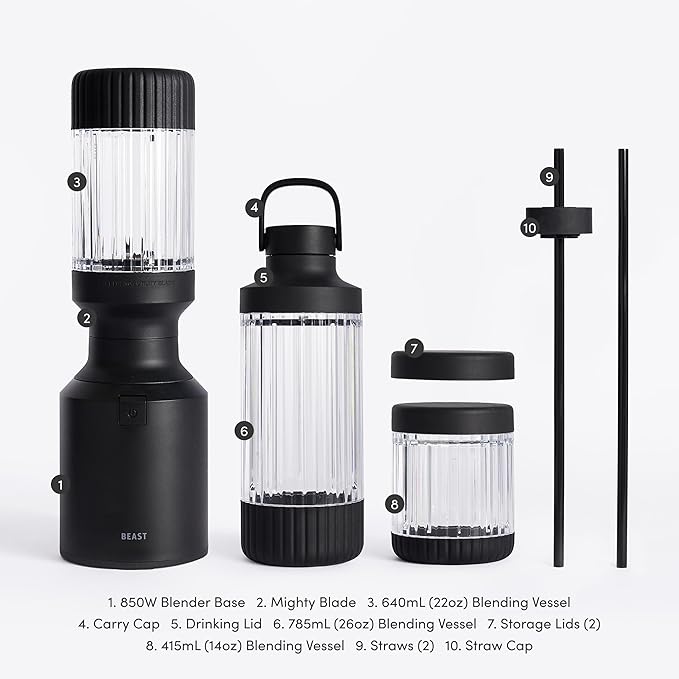 Beast Mighty 850 Plus | Premium Compact Personal Blender | Smoothies, Shakes, Dressings, Sauces | Blends Ice and Frozen Fruit | New XL Vessel | Extra Vessels, Lids and Straws | 850W (Carbon Black)