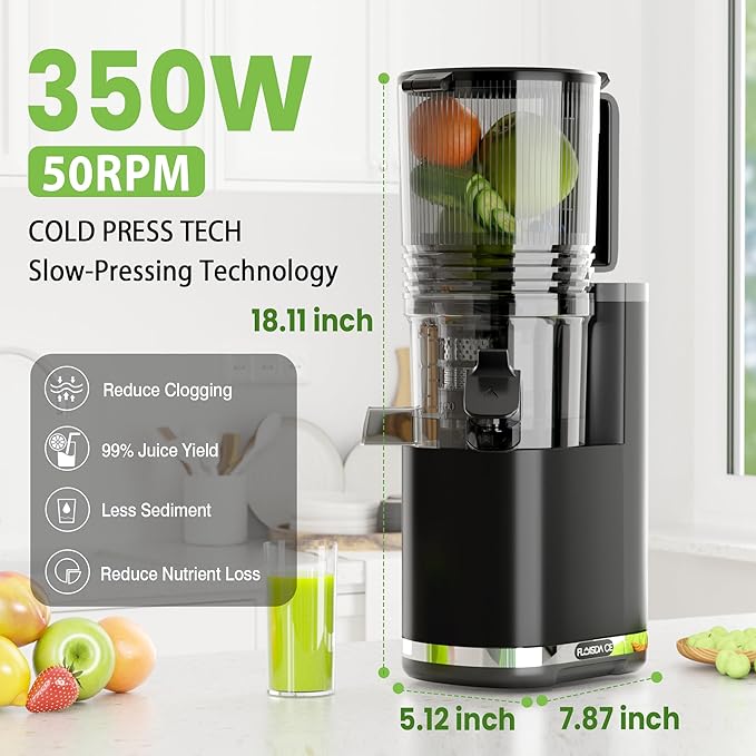 Cold Press Juicer, 6.5" Extra Large Feed Chute Juicer Machines, 350W Slow Masticating Juicer Machines with High Juice Yield for Whole Vegetables & Fruits, BPA Free, Black, Easy to Clean