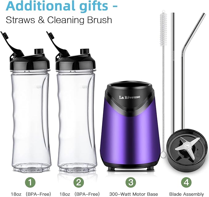 La Reveuse Smoothie Blender Personal Size 300 Watts with 2 Pieces 18 oz BPA-free Travel Sports Bottles,Purple
