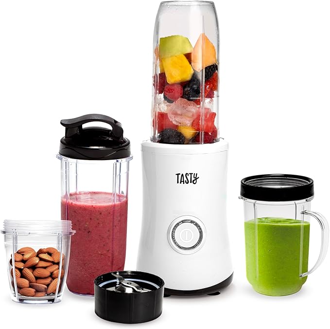 Personal Blender With Cups, 350W Powerful Blending Motor, 9-Piece Set With 4 Cups & Travel Lid, Compact & Portable, White