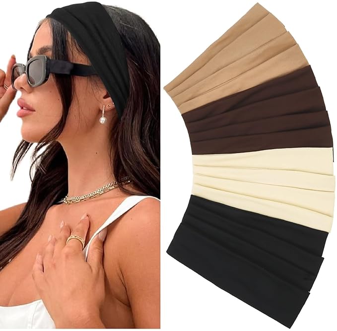 Elastic Non-Slip Soft Cloth Fabric Women's Headbands 16 Pack - Yoga, Running, Sports Hair Accessories in Black, Brown, Beige, Thick