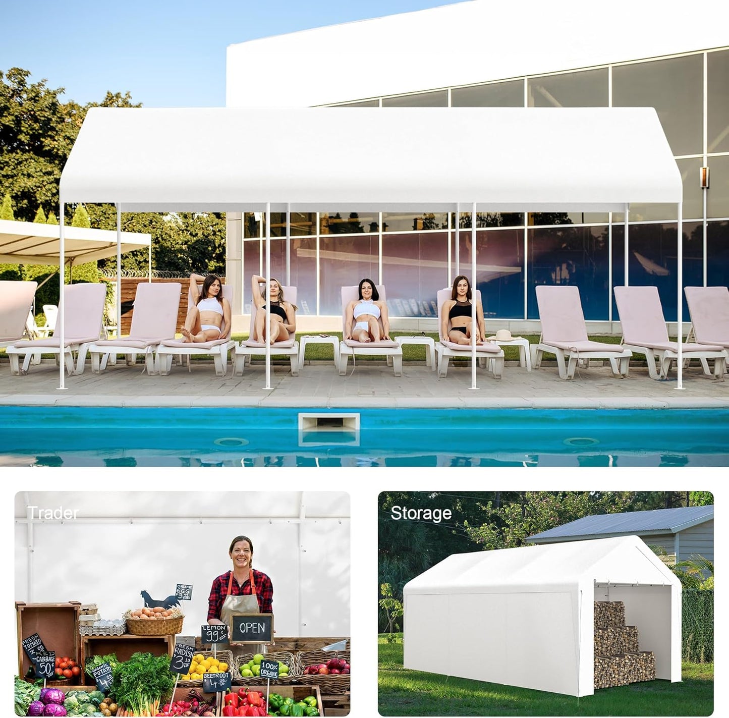 Carport, 10‘ x 20’ Heavy Duty Portable Garage All-Season Car Canopy w/Removable Sidewall & Doors, Carport Canopy Party Tent w/Water-Resistant Tarp for Backyard (White, 10‘ x 20’)