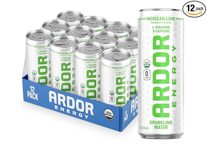 ARDOR Sparkling Water with 100mg Natural Caffeine & 200mg L-Theanine from Organic Green Tea for Smooth Energy & Focus | No Sugar, 0 Calories | Vegan, Gluten-Free | Mexican Lime - 12 Ct