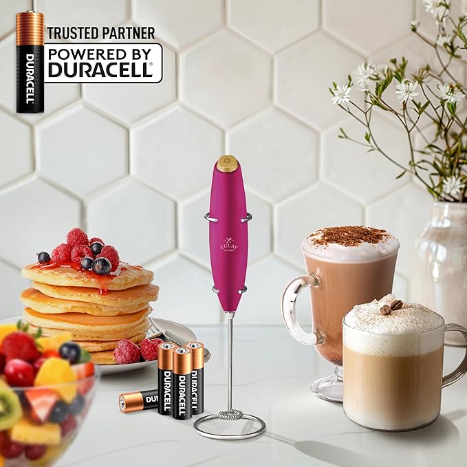 Zulay Powerful Milk Frother (4 Duracell Batteries Included) - Handheld Milk Frother Wand Drink Mixer for Coffee - Powerful Milk Foamer for Cappuccino, Frappe, Matcha & Coffee Creamer - Pink & Gold