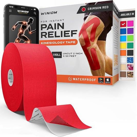 Kinesiology Tape-Incredible Support for Athletic Sports and Recovery + Free Taping Guide-Uncut 2 inch 50 feet Roll (Crimson Red + Free Taping Guide, Pack of 1)