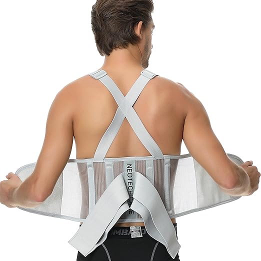 NeoTech Care Back Brace with Suspenders/Shoulder Straps - Light & Breathable - Lumbar Support Belt for Lower Back Pain - Posture, Work, Gym - Grey Color (Size M)