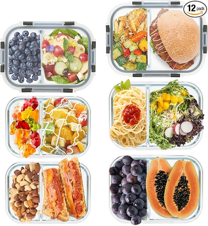 2 Compartment Glass Meal Prep Containers, 6 Pack Reusable Food Storage Containers with Lids, Lunch Containers for Adults, Portion Control, Airtight, Freezer to Microwave Safe(34oz+22oz)