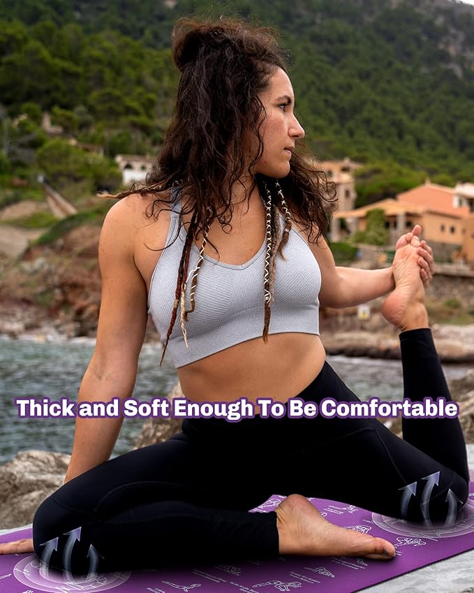 Instructional Travel Yoga Mat with 75 Poses & Exercises - Non-slip Exercise Mat for Home Workout, Includes Carrying Bag - Perfect for Beginners, 68"x24"x0.25"