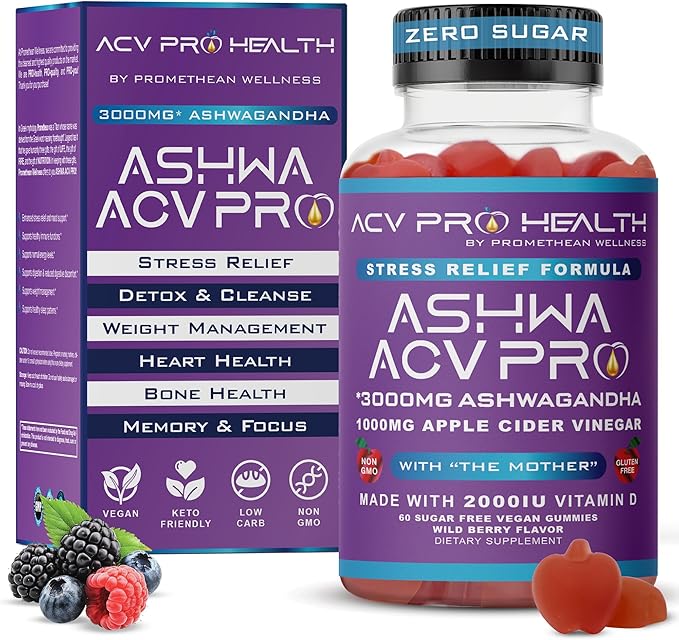 Ashwa ACV Pro Health - Sugar Free Apple Cider Vinegar Gummies, Ashwagandha Gummies, Advanced Keto ACV Gummies, Ashwagandha Supplements with Vitamin D, Stress Relief Supplement,1g Carbs Per Gummy Golo