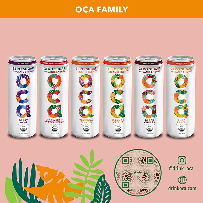 OCA ZERO Pure Peach, Organic energy drink, zero sugar, gluten-free, vegan plant-based, 12 Fl Oz (12-pack)
