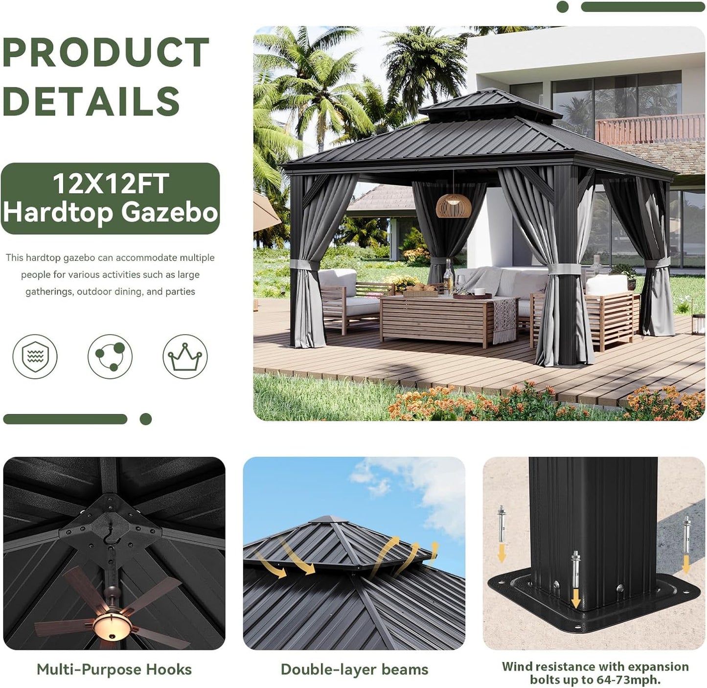 Aoxun 12' X 12' Hardtop Gazebo with Drainage System, Aluminum Outdoor Gazebo with Galvanized Steel Double Roof, Patio Permanent Metal Pavilion with 20 inch Ceiling Fan, for Garden, Deck, Grey