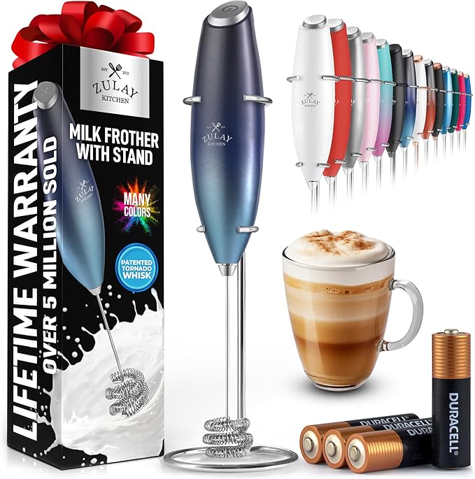 Zulay Kitchen Tornado Whisk Milk Frother with 4 AA Duracell Batteries - Triple Whisk for More Power - Handheld Coffee Frother with Stand - Drink Mixer for Lattes, Matcha & Protein Shakes