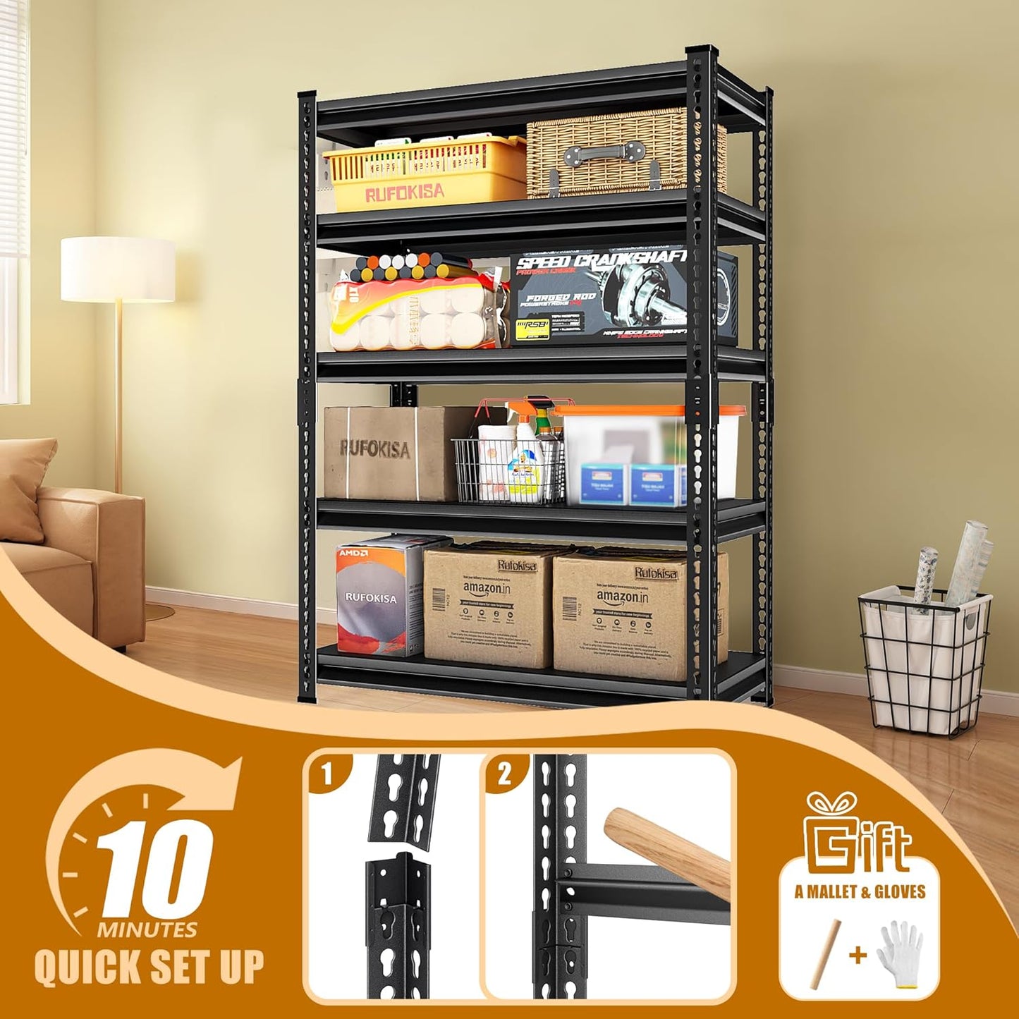 40" W Garage Shelving Heavy Duty,2000LBS Loads Adjustable Garage Storage Shelves, 5-Tier Metal Shelving Units and Storage Racks Heavy Duty, 40”W x 18”D x 72”H,Black