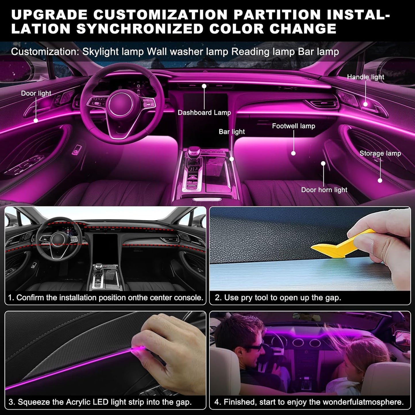 Acrylic Interior Car LED Strip Light with Wireless APP, RGB 6 in 1 with 175 inches 600 LEDs Fiber Optic Car Ambient Lighting Kits, 16 Million Colors Sound Active Function LED Strip for Car