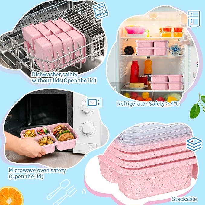 Large Capacity Bento Box for Adults, 4-Piece Set – Stackable Lunch Box with 4 Compartments, Microwave & Dishwasher Safe, Reusable Meal Prep Containers, Snack Containers for Kids & Adults (Pink)
