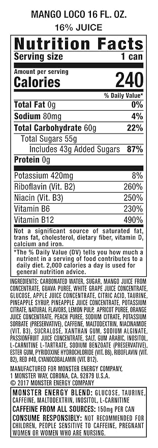 Monster Energy Juice Monster Mango Loco, Energy + Juice, Energy Drink, 16 Ounce (Pack of 24), 384 Ounce