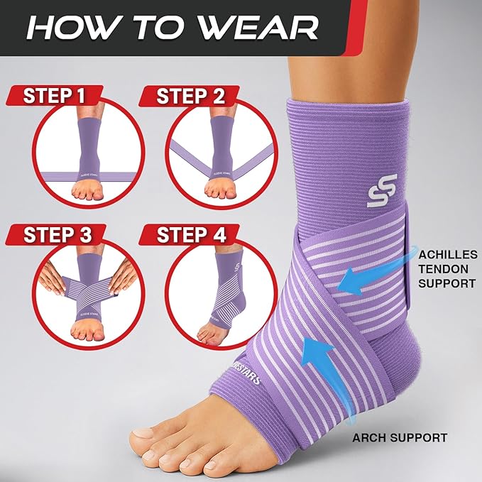 Sleeve Stars Ankle Brace for Women & Men, Ankle Wrap for Sprain, Compression Sleeve for Plantar Fasciitis Relief, Easy Customizable Support: w/ Removable Strap (Single/M:10"-12"/Light Purple)