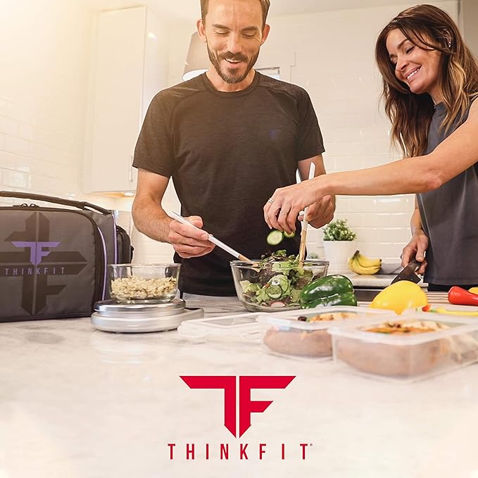 ThinkFit Insulated Meal Prep Lunch Box with 6 Food Portion Control Containers - BPA-Free, Reusable, Microwavable, Freezer Safe - With Shaker Cup, Pill Organizer, Shoulder Strap & Side Pocket (Purple)