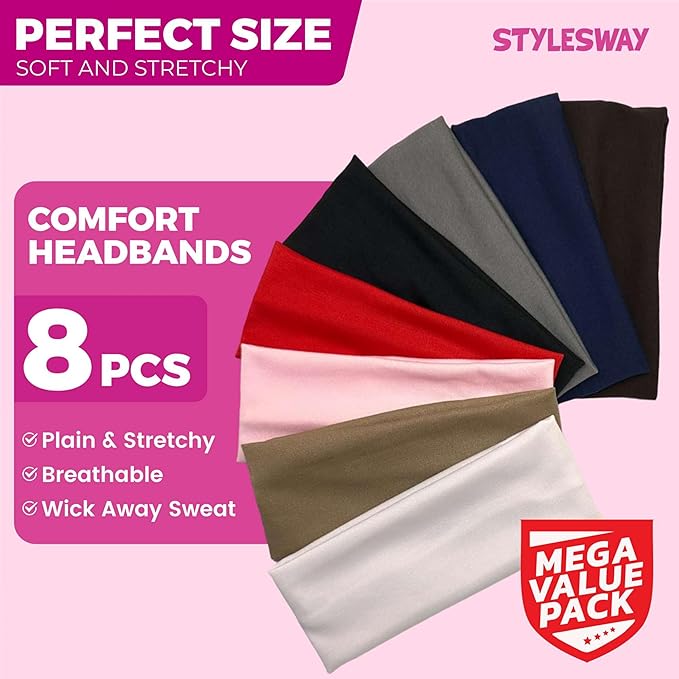 8 PCS Sport Headbands for Women, Non-Slip Hair Bands, 7 centimeters, Multi, Polyester - Hair Warp for Women's Daily Workout Yoga Running and Sports