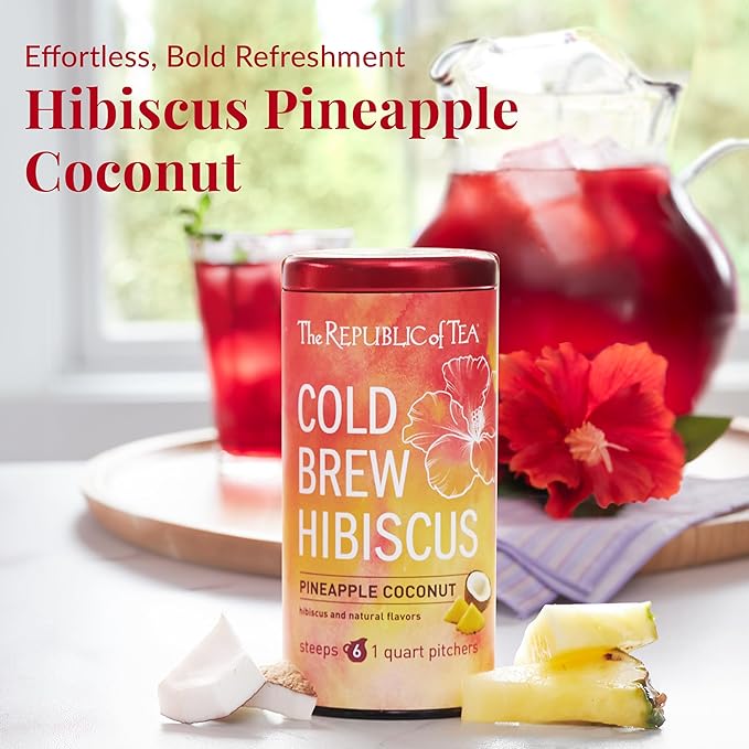 The Republic of Tea – Cold Brew Hibiscus Pineapple Coconut Iced Tea, Large Herbal Iced Tea Pouches, Steeps Six One-Quart Pitchers