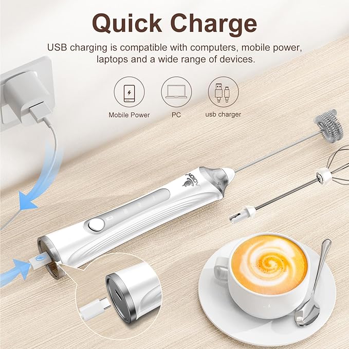 Rechargeable Frother Wand with Stand, Milk Frother with Detachable Stainless Steel Double Rings Whisk, 3-Speed Handheld Electric Drink Mixer for Lattes, Cappuccino, Coffee (White)