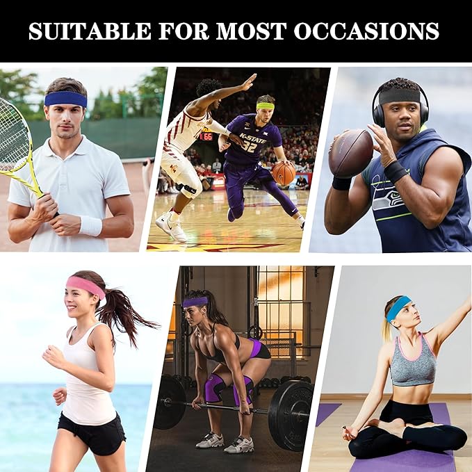 4 Pack Sweatbands Sports Headband for Men and Women, Moisture Wicking Athletic Workout Headband for Running, Tennis, Basketball, Yoga, Gym Stretchy Unisex Sweatband
