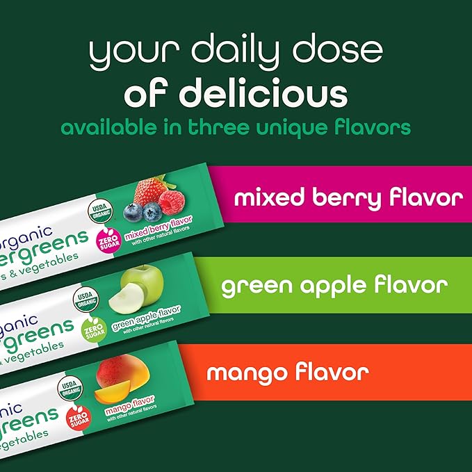 Zena Nutrition Organic Super Greens Powder, 70+ Superfoods, 0 Sugar, 3G Fiber, Spirulina, Chlorella, Antioxidants, Prebiotics/Probiotics, Digestive Enzymes, Mango, 30 Drink Mix Packets