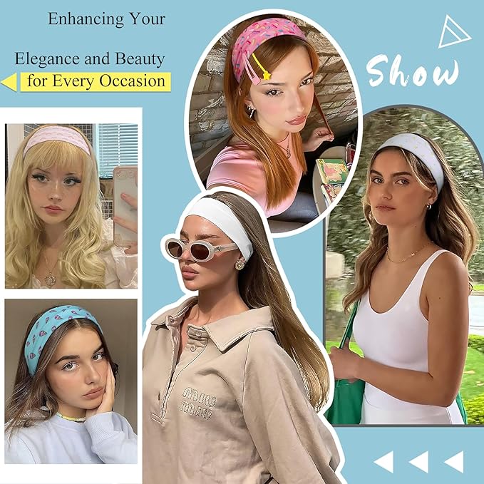 TERSE Fashion Headbands for Short Hair Non-Slip Elastic Floral Hairbands, Soft Fabric 2 Inches Thick Cute Head Accessories for Women and Girls