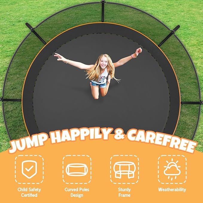 Trampoline 8FT 10FT 12FT 14FT 16FT, Outdoor Trampolines for Kids and Adults, Recreational Trampoline with Enclosure Net & Ladder, Round Trampoline ASTM Approved, 400/450LBS Weight Capacity